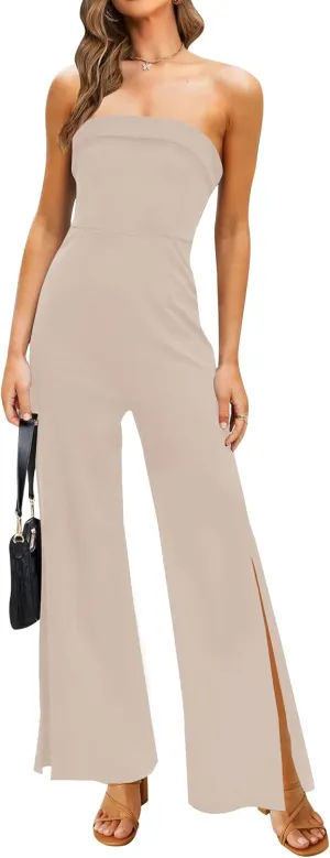 ZESICA Women's Strapless Jumpsuit Casual Off Shoulder High Waist Wide Leg Side Slit Long Romper Playsuits with Pockets