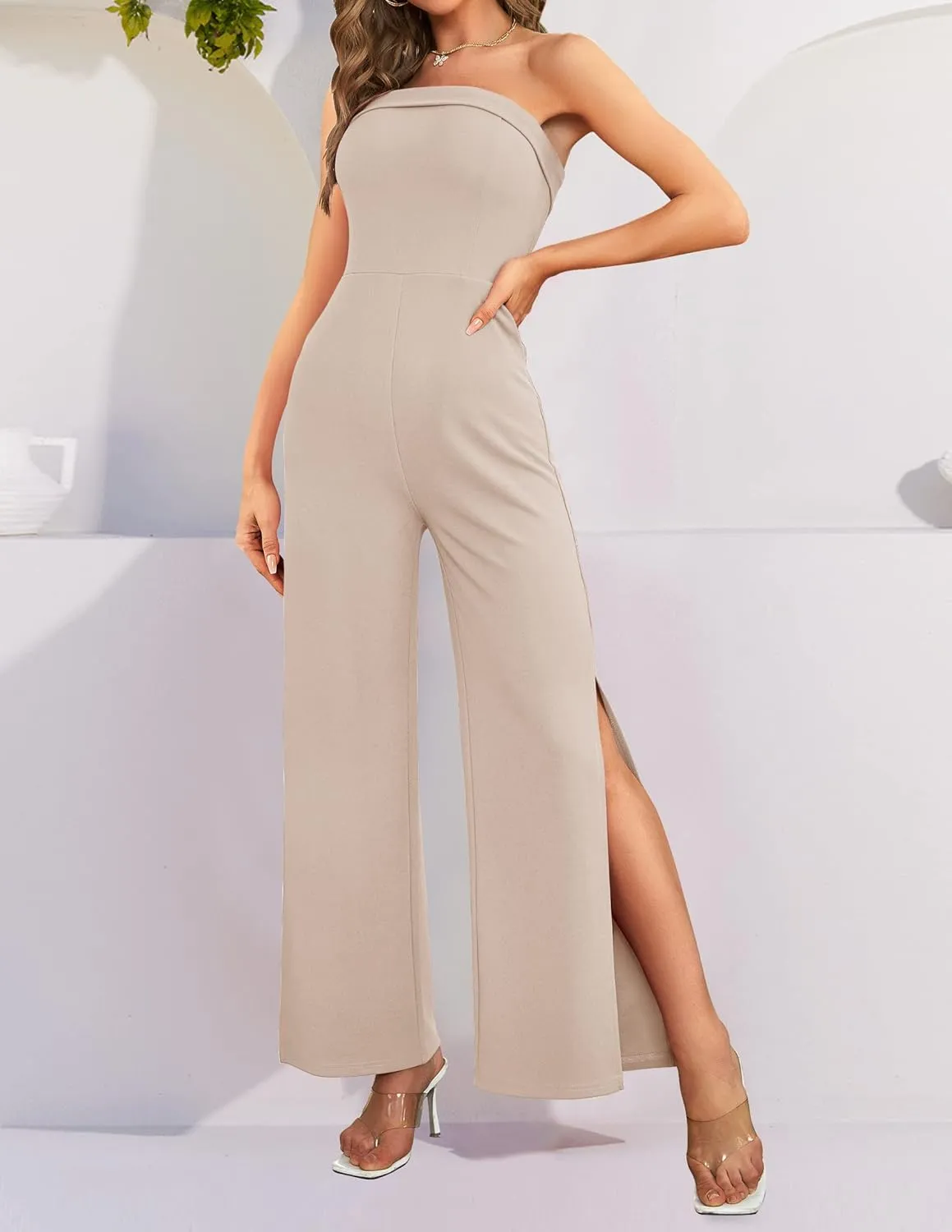 ZESICA Women's Strapless Jumpsuit Casual Off Shoulder High Waist Wide Leg Side Slit Long Romper Playsuits with Pockets
